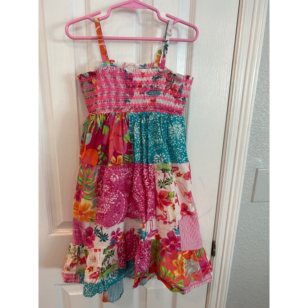 The Childrens Place Patchwork Dress Pink Tropical Floral Smocked Summer Sundress